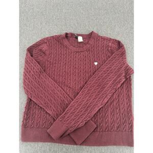 H&M Divided Cable Knit Sweater Women's Small Burgundy Heart Detail Crew Neck
